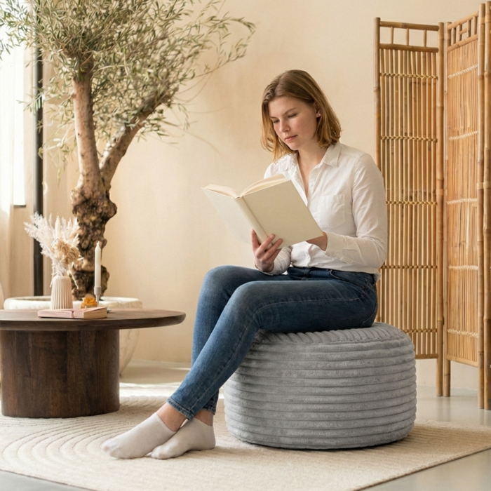 Casacomfy Poeffie - Poef - Groot Rond - Corduroy - 60x60x35 cm - Antraciet - Afbeelding 2