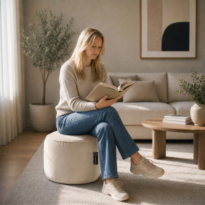Casacomfy CozyClub - Ronde Poef - Beige - Fluwelstof - Woonkamerstoel - Afbeelding 4