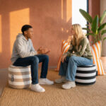 Casacomfy CozyStudio - Ronde Poef - Mokka Strepen - Zachte Stof - Woonkamerstoel - Afbeelding 3