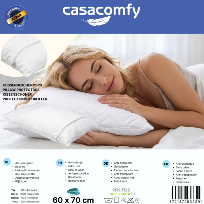 Casacomfy - Kussenbeschermer 60x70 cm - 2 Stuks - Waterafstotend & Vochtwerend - Ademend met Rits - Antibacteriële kussenbeschermers - Wit - Afbeelding 4
