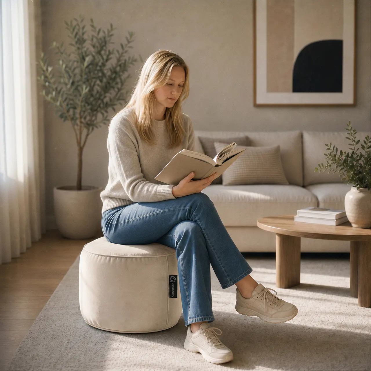 Vrouw leest op een beige Cozy Club velvet poef
